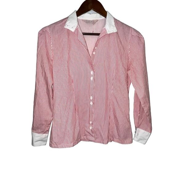 Women's Classic Directions Red & White Striped Button Down Shirt - Picture 1 of 7